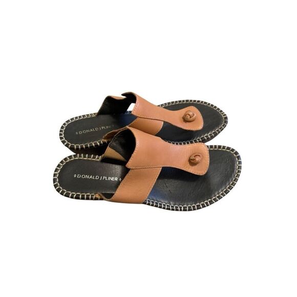 Donald J. Pline Vachetta Heel Wedge Sandal Tan Black Leather Slides Open Toe Wom - Picture 9 of 12